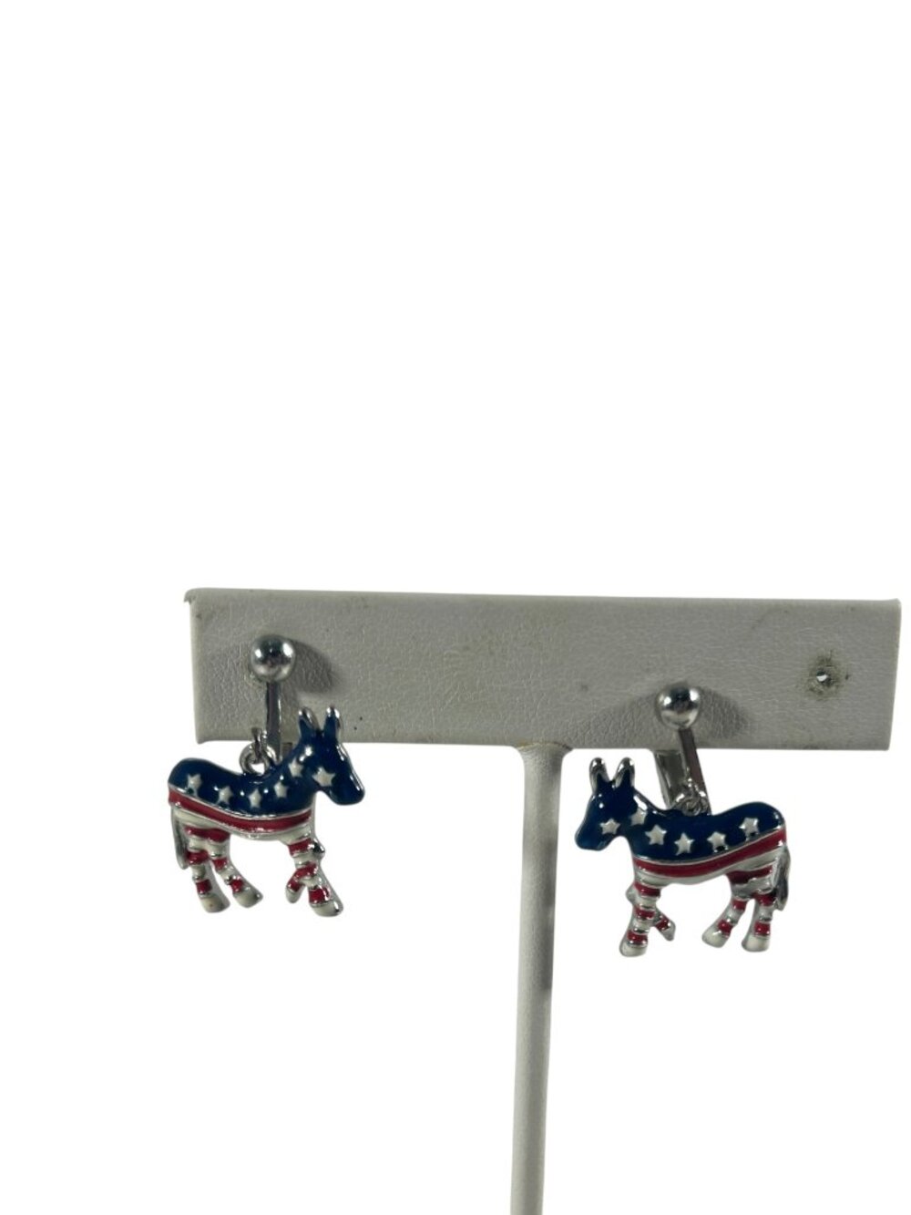 Patriotic Democratic Donkey Clip On Earrings Dangle Red White Blue Stars Stripes